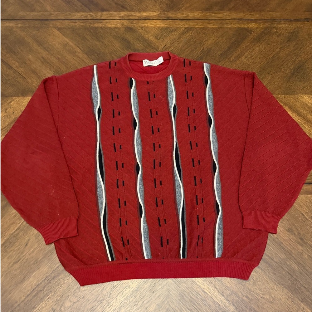 St. Croix Knits Red Wool‎ Blend 3D Vertical Stripe Crewneck Sweater Mens XL VTG